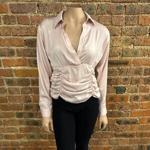 (BL24)  NWOT Venus Pink Long Sleeve Deep V Gathered Front Blouse Size 6